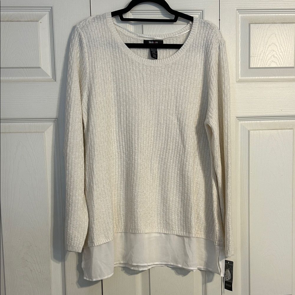 STYLE & CO Cream NWT X-Large Lightweight Crewneck Peplum Sheer Hem Shimmer Gold